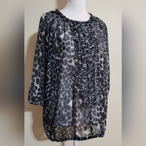 Express Black Grey Sheer Ruffle Front Blouse Women's Size Medium